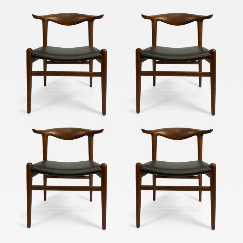 Hans Wegner Set of 4 Cow Horn Chairs in Oak with Olive Green Leather for Johannes Hansen
