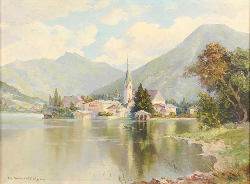 Hans Weidinger Hans Weidinger 1940s Oil Landscape Painting of Tegernsee in the Bavarian Alps