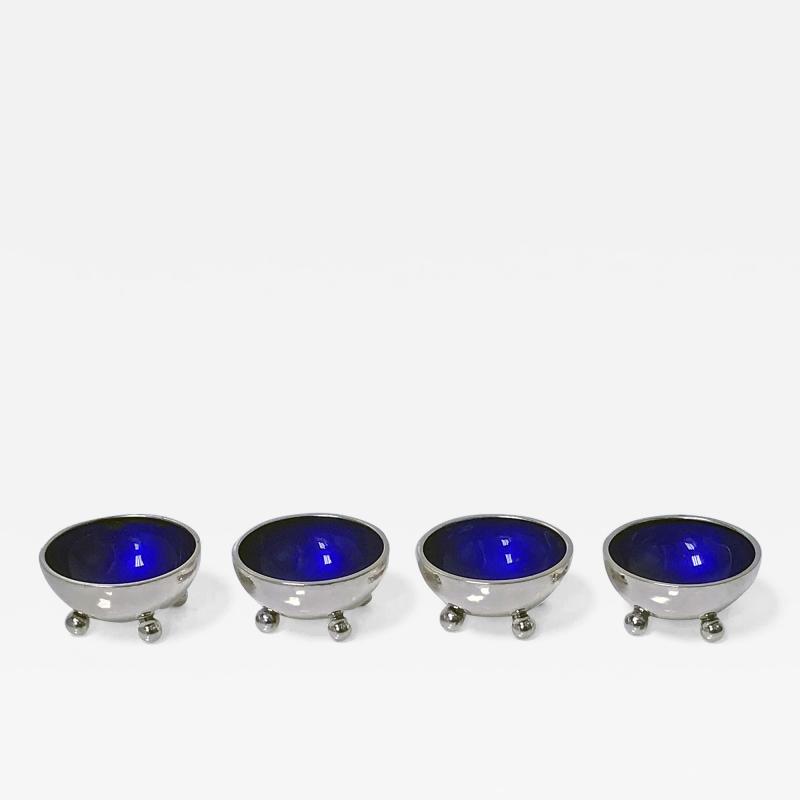 Harald Nielsen Four Georg Jensen Sterling Silver Salts with Cobalt Enamel Interiors C 1960