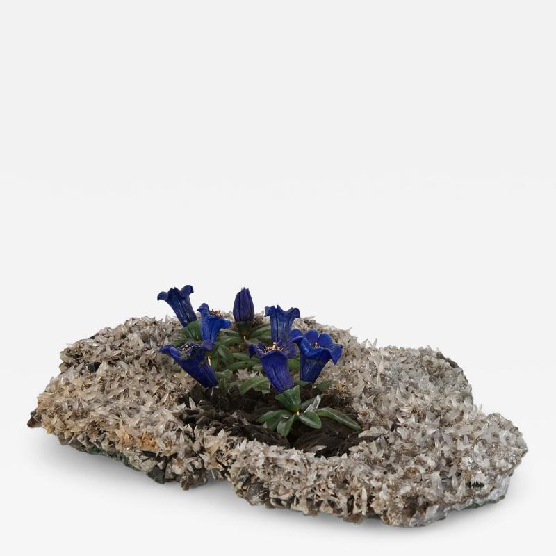 Hardstone quartz gold nephrite lapis lazuli model of an alpine flower bed