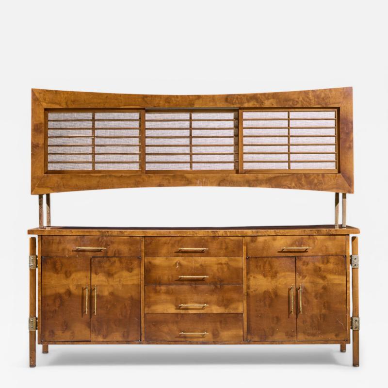 Harold Schwartz Romweber Harold Schwartz for Romweber Mid Century Burlwood and Brass Credenza and Hutch