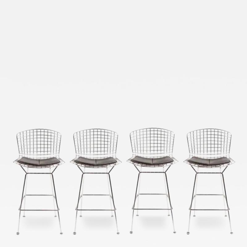 Harry Bertoia Set of Four Harry Bertoia for Knoll Barstool in Chrome Black Leatherette