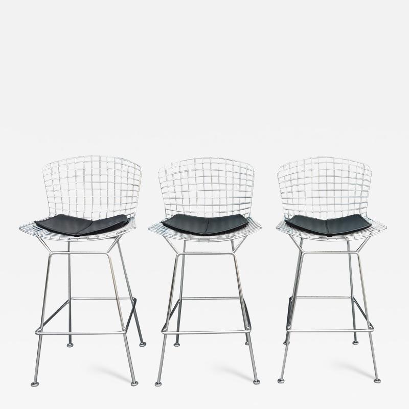 Harry Bertoia Set of Three Harry Bertoia for Knoll Barstool in Chrome Black Leatherette