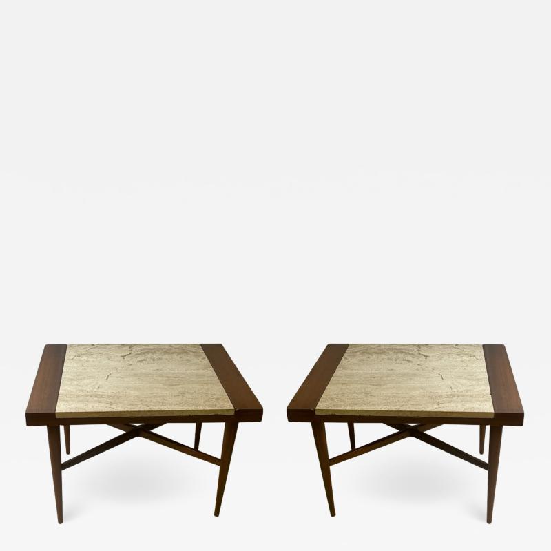 Harvey Probber EXCEPTIONAL MID CENTURY MODERN PAIR OF TRAVERTINE AND WOOD TABLES
