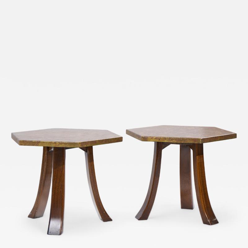 Harvey Probber Harvey Probber Acid Etched Bronze and Mahogany Hexagon Side Tables Pair