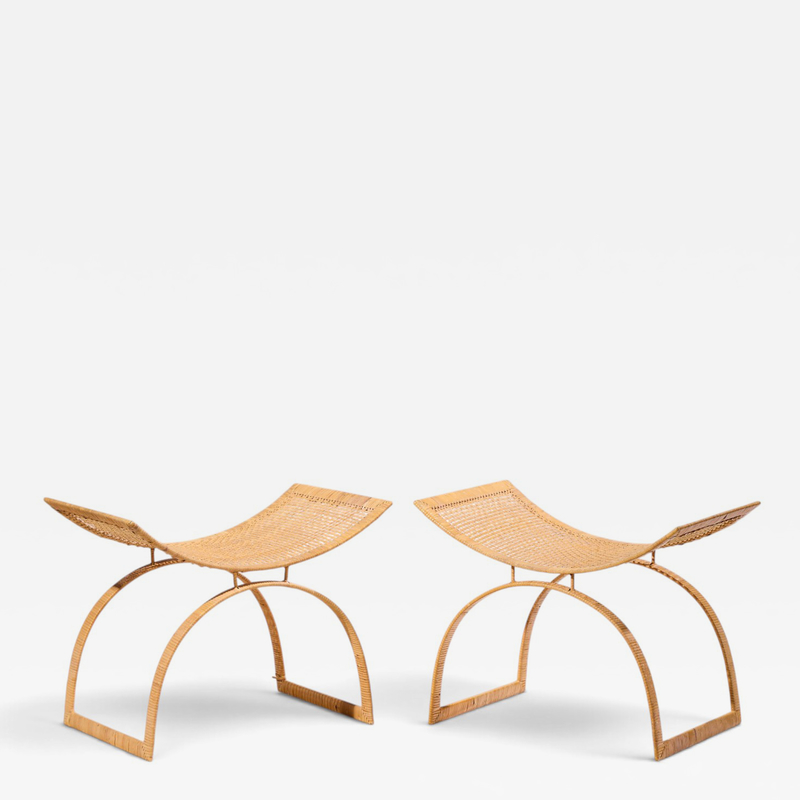 Harvey Probber Harvey Probber Artisan Collection Mid Century Rattan Over Steel Stools Pair