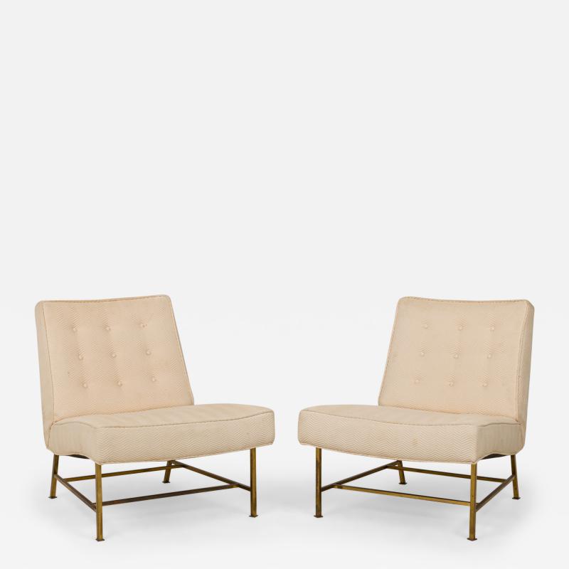 Harvey Probber Harvey Probber Beige Zig Zag Textured Upholstery and Brass Slipper Chairs