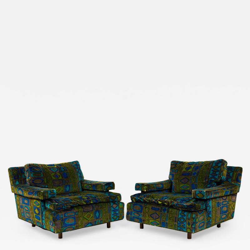 Harvey Probber Harvey Probber Mid Century Green and Blue Patterned Velvet Cube Armchairs