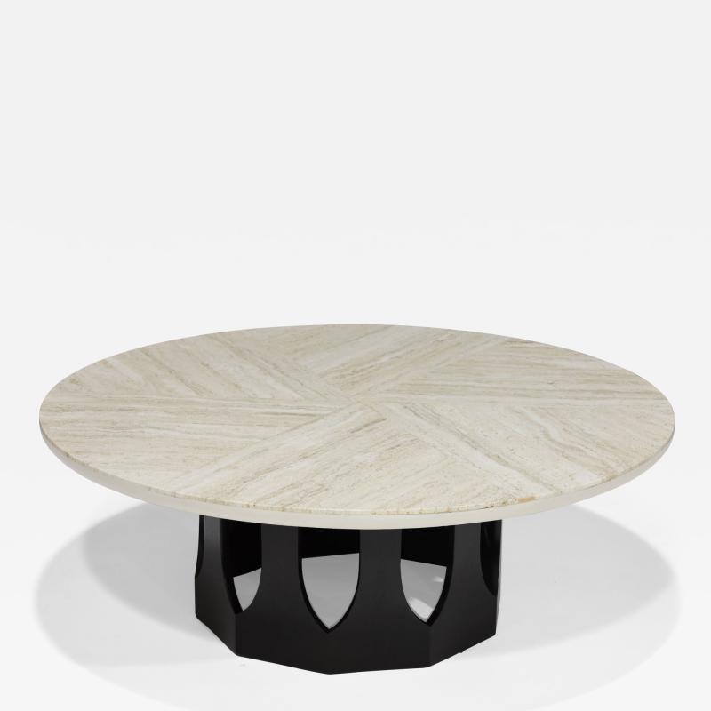 Harvey Probber Harvey Probber Travertine Top Cocktail Table on Pierced Walnut Hexagonal Base