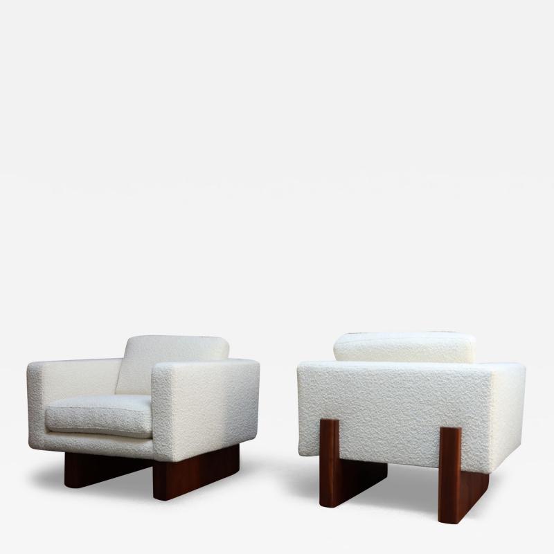 Harvey Probber Mid Century Modern Walnut and Boucl Cube Lounge Chairs by Harvey Probber