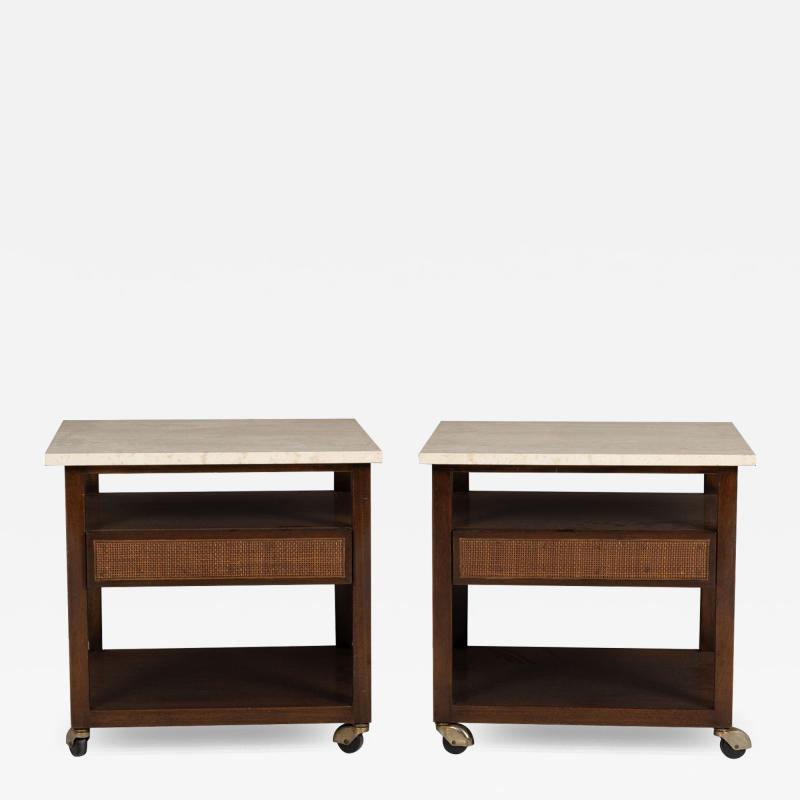 Harvey Probber Pair of Mahogany Wood and Travertine Harvey Probber End Tables Nightstands 1960