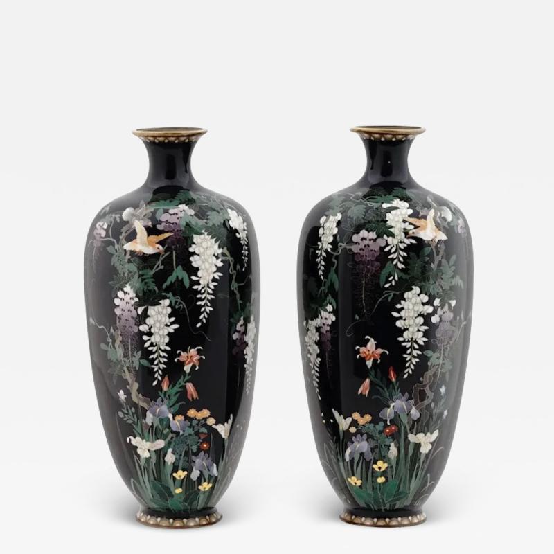 Hayashi Chuzo Pair of Meiji Antique Japanese Cloisonne Enamel Wisteria Bird Vases