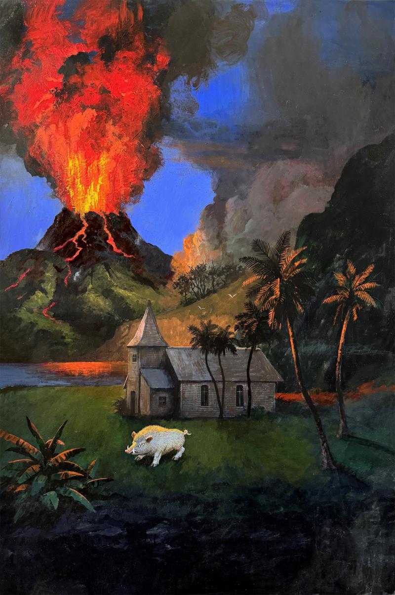 Hector Garrido Erupting Volcano in Hawaii Surreal Painting for Fires of Eden Book Cover