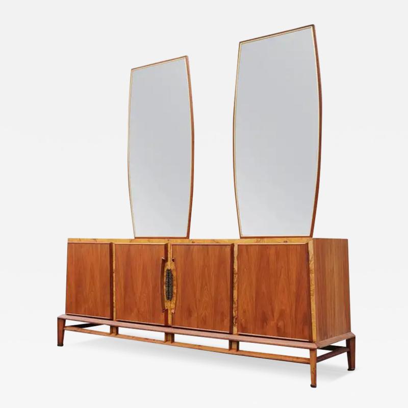 Helen Hobey Restored Walnut Burl Helen Hobey Baker Cabinet Pair Mirrors Danish Style