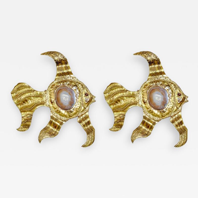 Henri Fernandez Pair of Rare Henri Fernandez Fish Wall Sconces with Agates