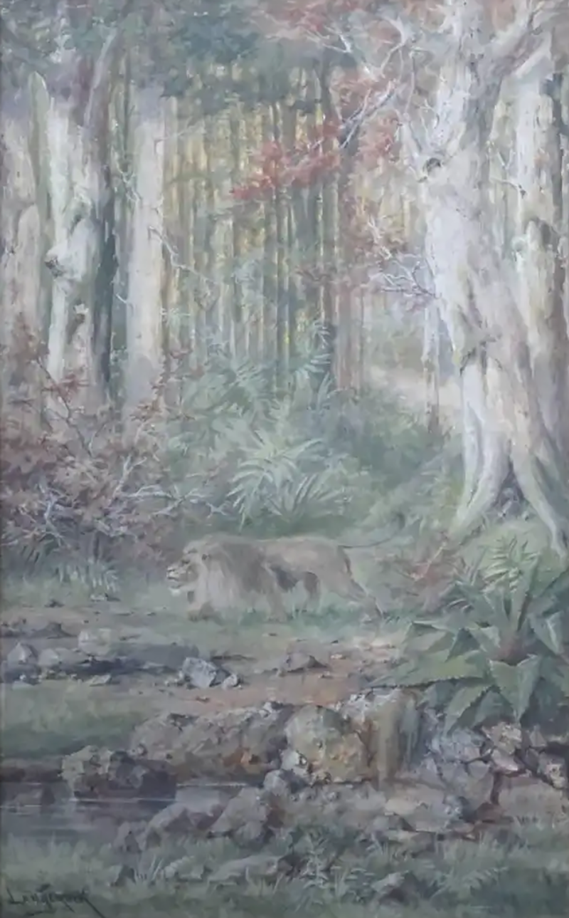 Henri Langerock Henri Langerock Belgium Watercolor Prowling Lion in the Jungle