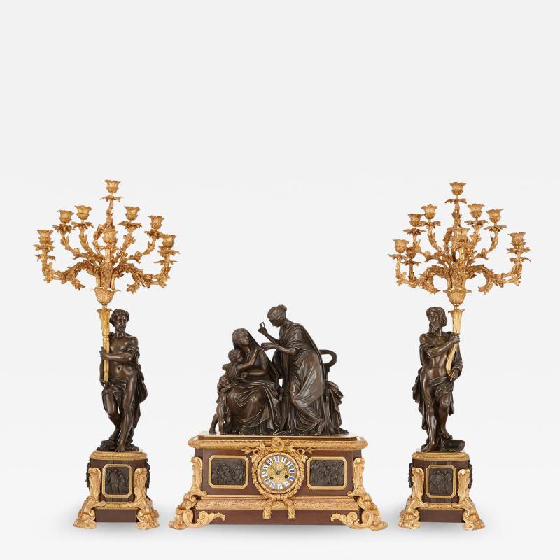 Henri Picard Gilt and patinated bronze antique French clock set by Picard