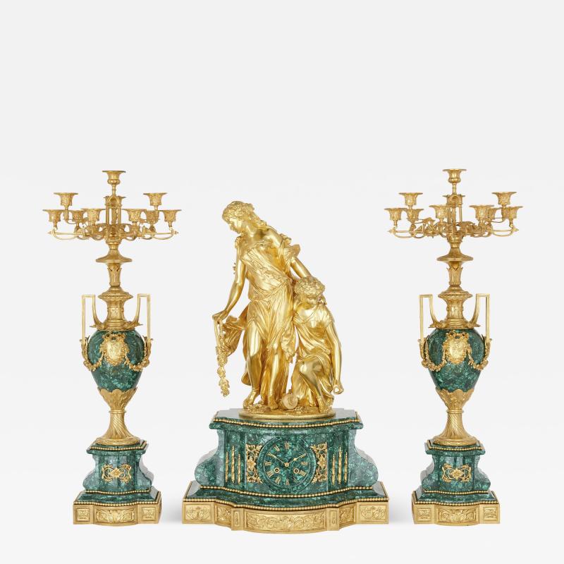 Henri Picard Napoleon III Period Neoclassical Malachite and Gilt Bronze Clock Set by Picard