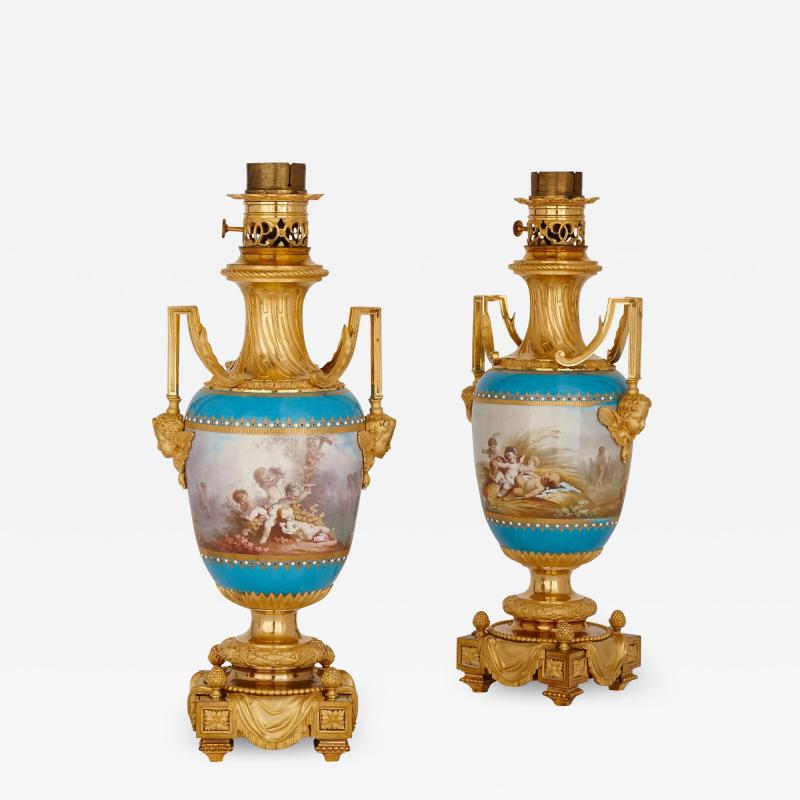 Henri Picard Pair of gilt bronze mounted S vres porcelain lamp bases by Picard