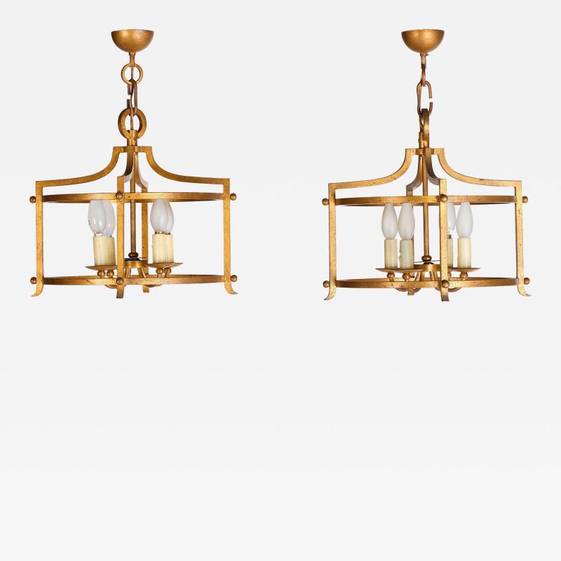 Henri Pouenat Rare Pair of Gold Leaf Wrought Iron Chandelier by Henri Pouenat