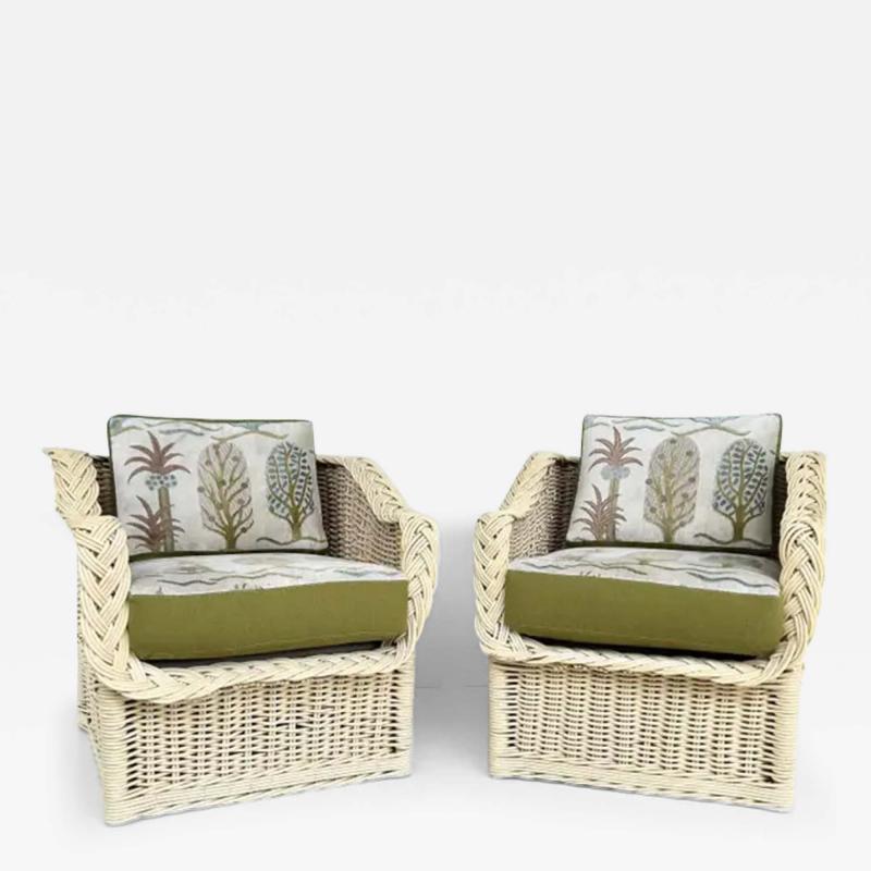Henry Link Henry Link Coastal Newly Upholstered Rattan Club Chairs Painted Pair
