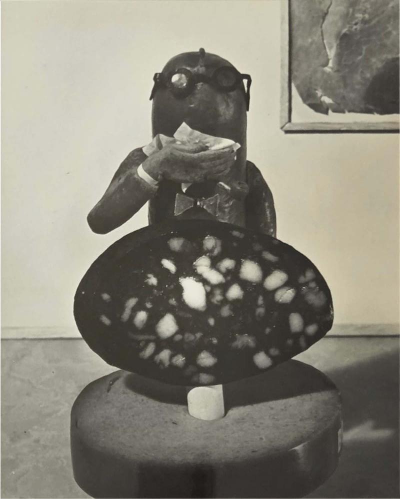 Henry Rox Art Critic Standing Figure Before Biomorphic Sculpture and Framed Composition 