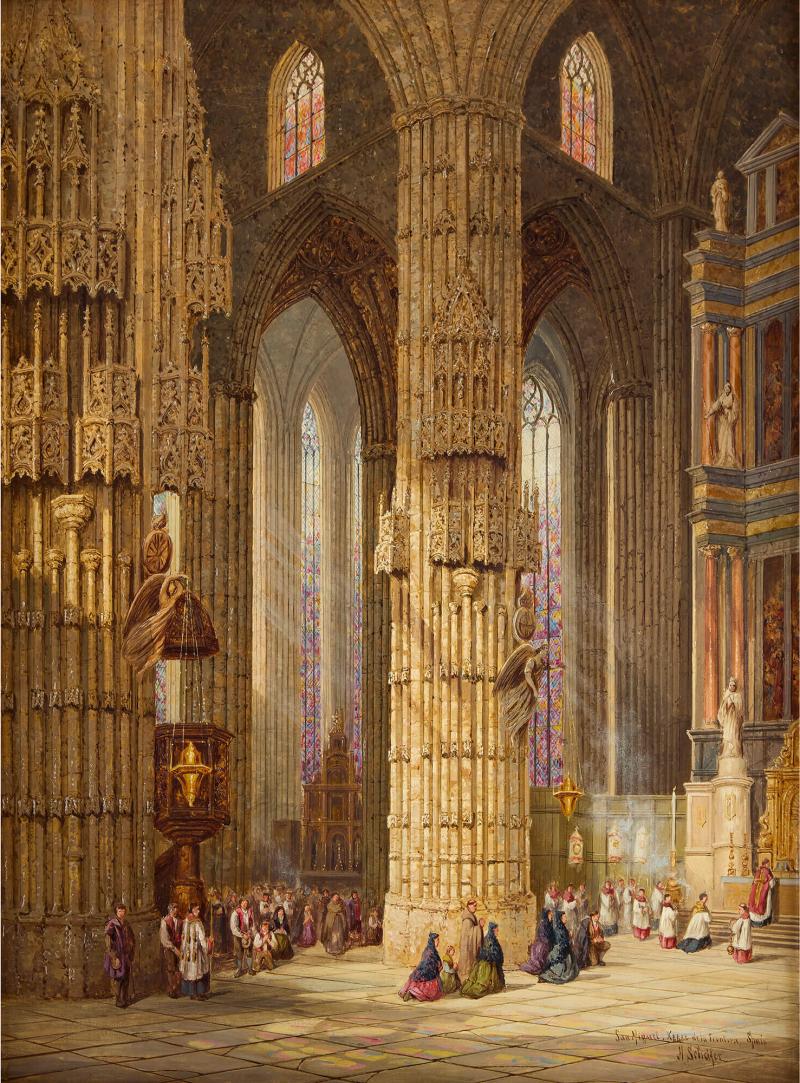 Henry Thomas Schafer Antique oil painting of a church interior by Henry Thomas Schafer