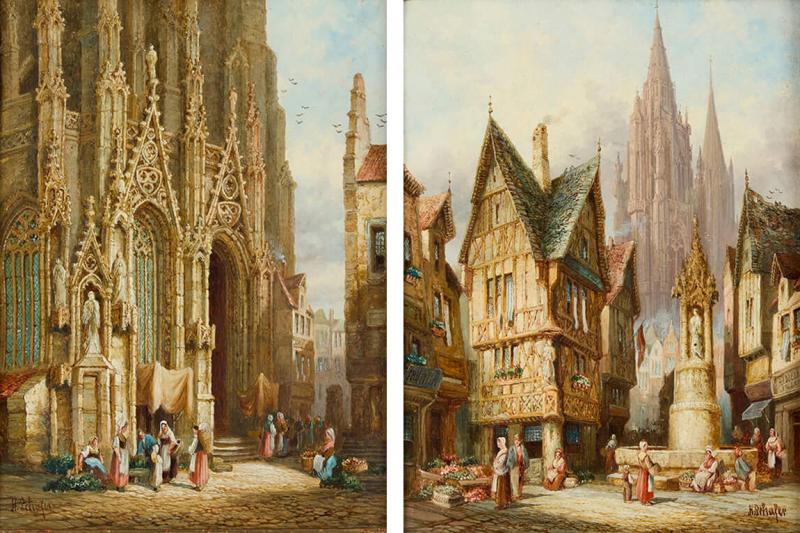 Henry Thomas Schafer Pair of Gothic Architectural Street Scenes by H T Schafer