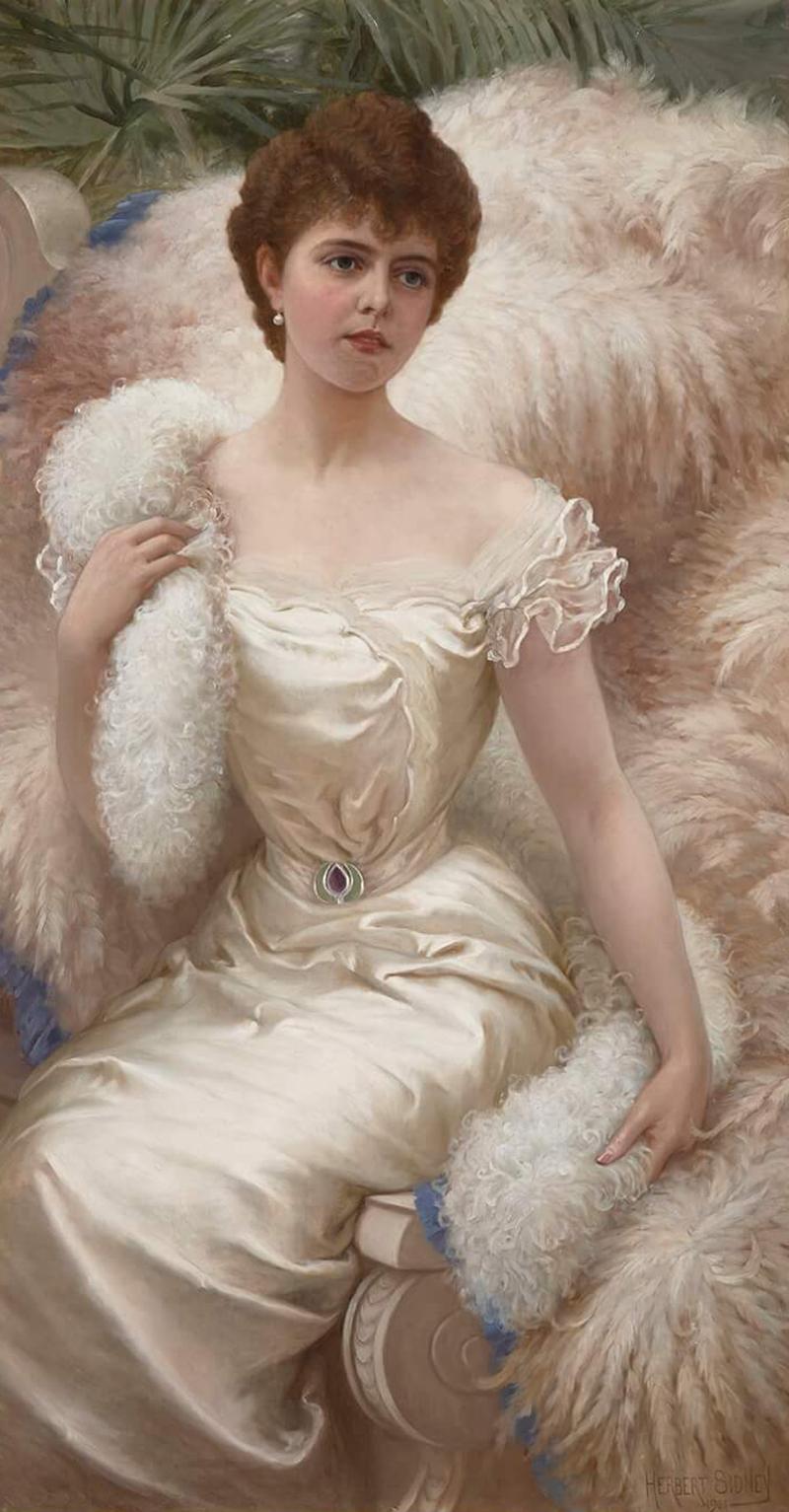 Herbert Sidney The Feather Boa a large oil painting of Miss Crofton by Herbert Sidney