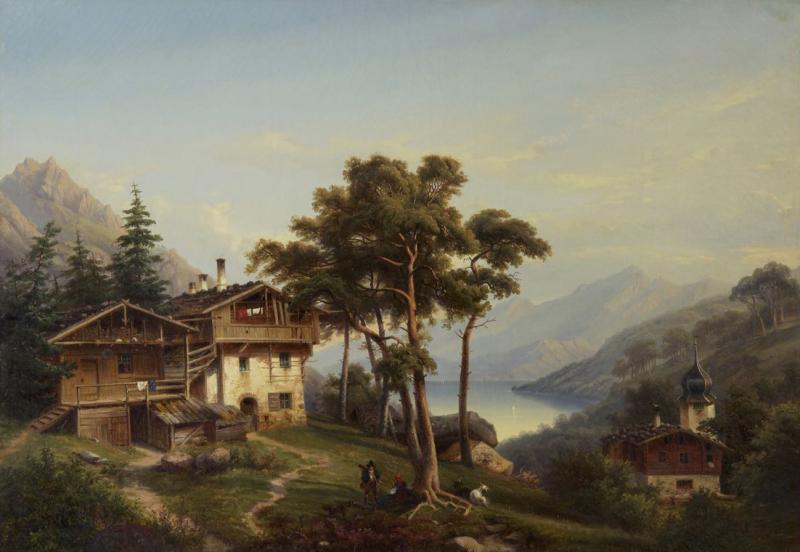 Hermann Seefisch Chalet by Lake Antique Oil Painting by Hermann Seefisch German c 1850