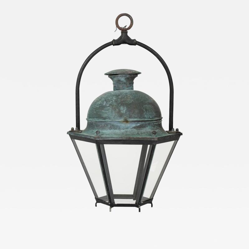 Hexagonal Glass Paneled Domed Verdigris Green Copper Lantern