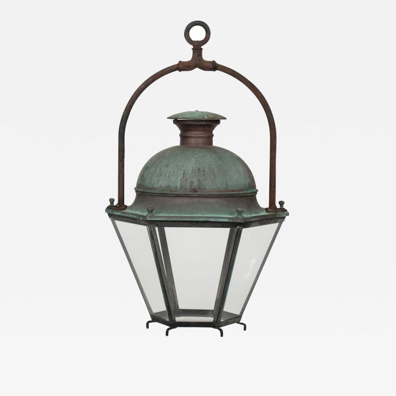 Hexagonal Glass Paneled Domed Verdigris Green Copper Lantern