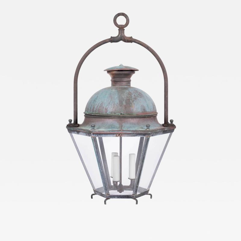 Hexagonal Glass Paneled Domed Verdigris Green Copper Lantern