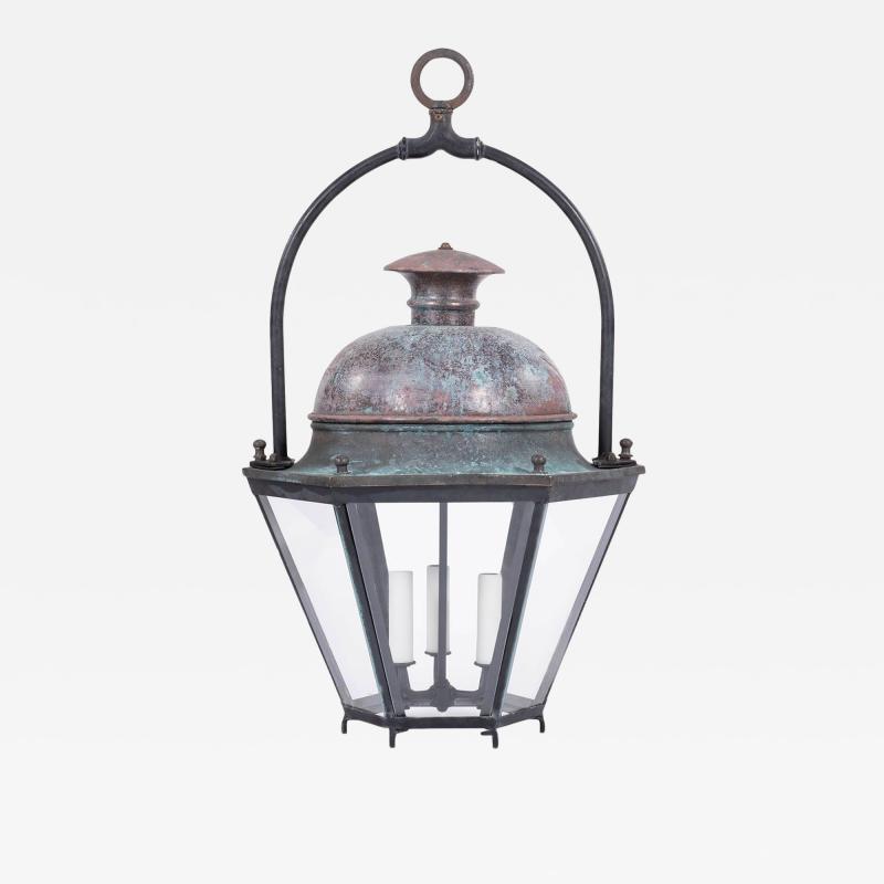 Hexagonal Glass Paneled Domed Verdigris Green Copper Lantern
