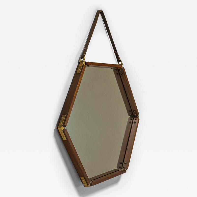 Hexagonal Teak Mirror with Brass and Leather Italy 1960s