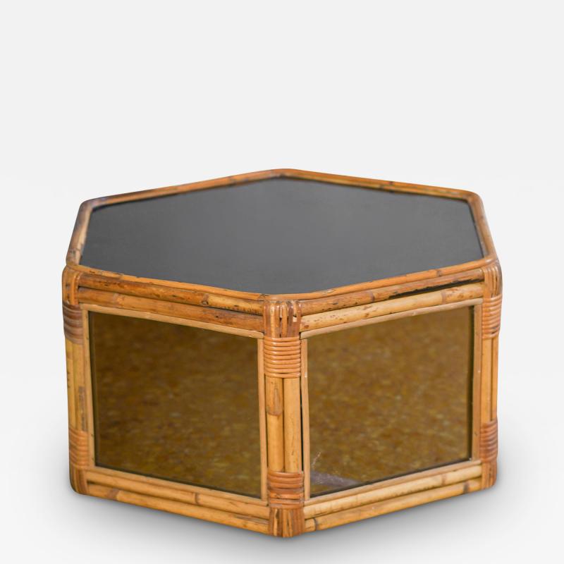 Hexagonal rattan coffee table smoked mirrored glass and black methacrylate