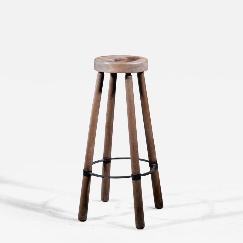 High French Teak Stool with Metal Foot Ring