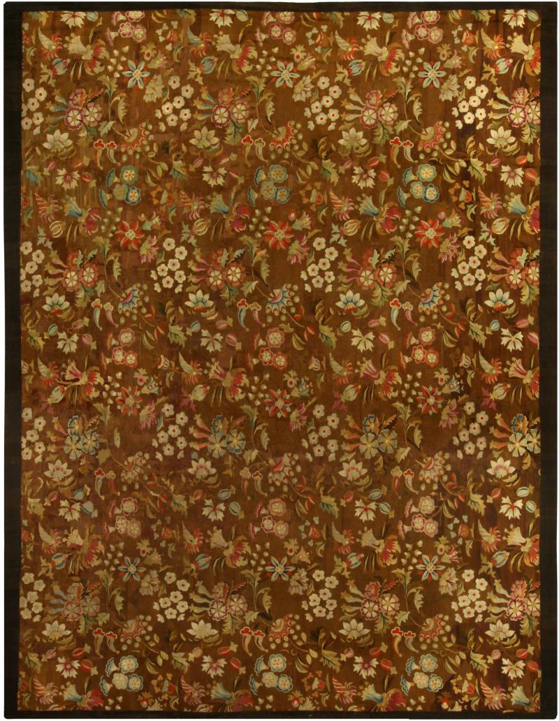 High quality Early 20th Century French Aubusson Brown Size Adjusted Rug