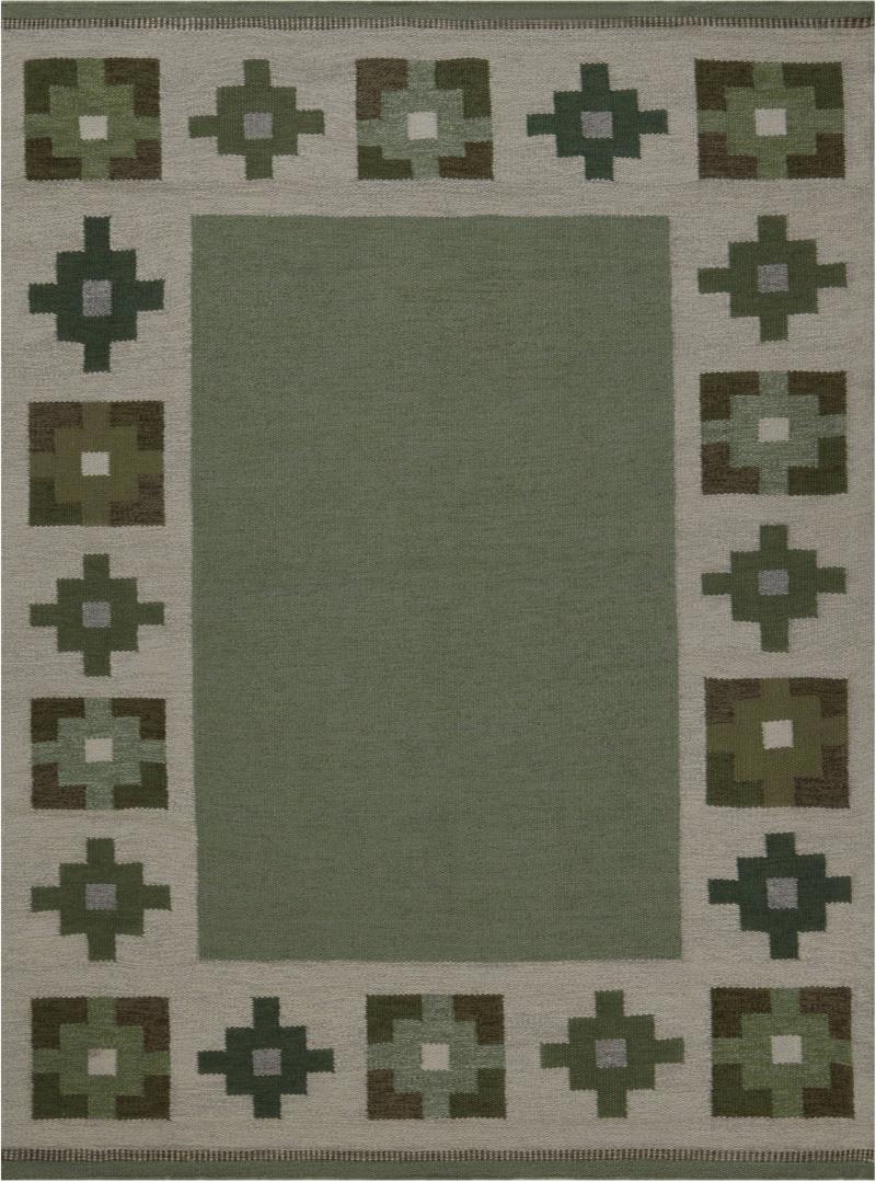 High quality Vintage Swedish Beige Green Flat Weave Wool Rug