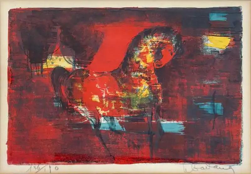 Hoi Lebadang Horse in Red Lithograph Signed Numbered Framed