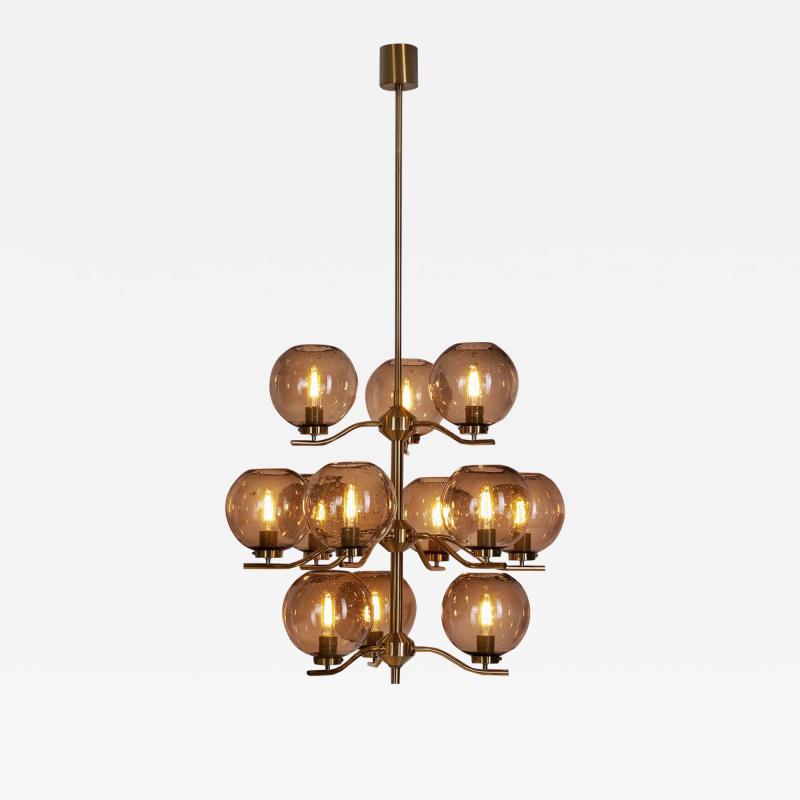 Holger Johansson Holger Johansson Brass Chandelier with 12 Glass Shades for Westal Sweden 1970s
