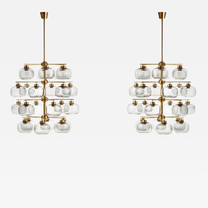 Holger Johansson Pair of Midcentury Chandeliers with 24 Smoked Glass Shades by Holger Johansson