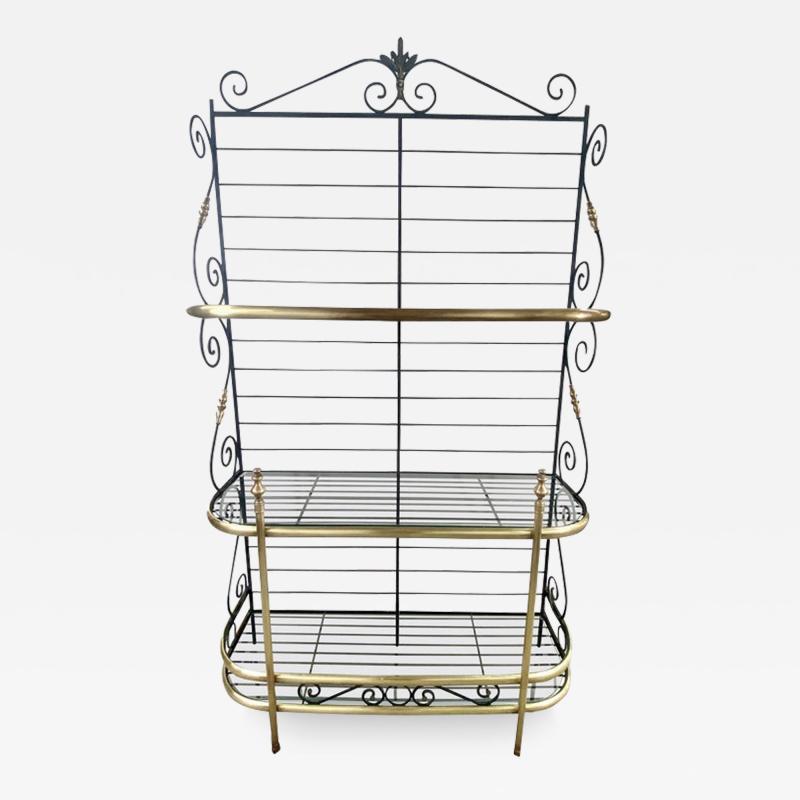 Hollywood Regency Bakers Rack or Shelf Three Tier Wrought Iron and Brass