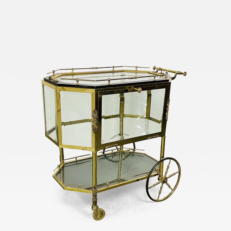 Hollywood Regency Beveled Glass Bronze and Brass Tea Wagon or Serving Cart