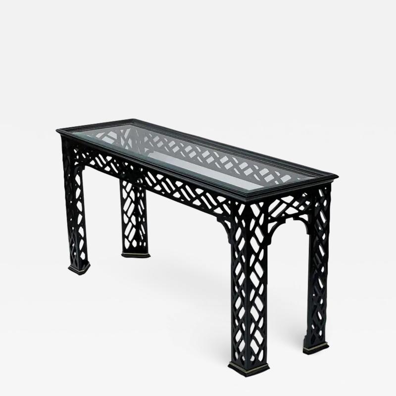 Hollywood Regency Black Brass Glass Chinoiserie Console Table or Sofa Table