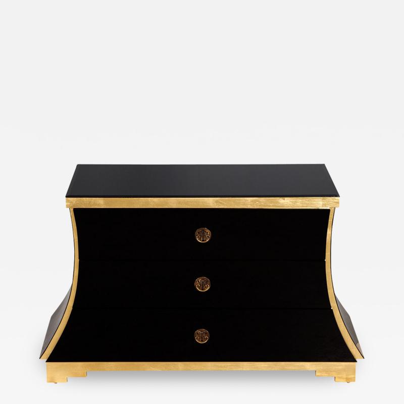 Hollywood Regency Black Glass and Gold Leaf Curved Commode