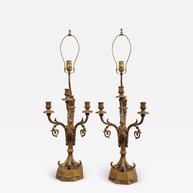 Hollywood Regency Candelabra Lamps W Trumpet Playing Putti Paris Foundry