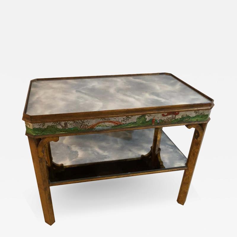 Hollywood Regency Coffee Table with Poly Chromed Mirrored Scenes in Chinoiserie