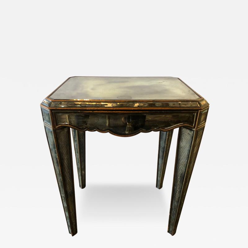Hollywood Regency Distressed Beveled Mirror Single Draw End Side Table or Desk