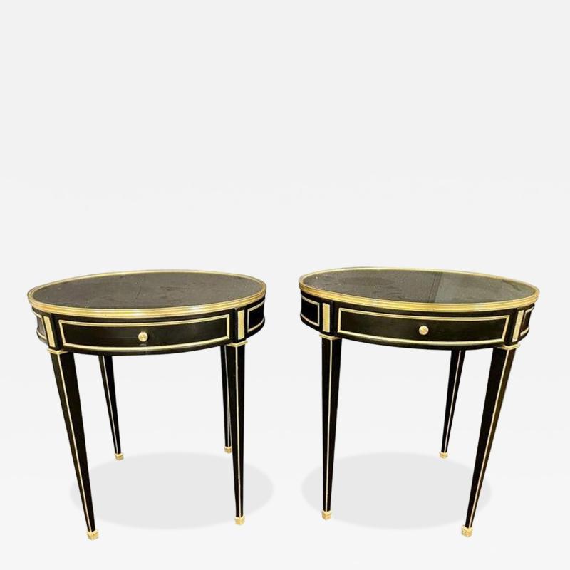 Hollywood Regency Ebony Bouillote or End Tables Manner Jansen Mirror Tops Pair